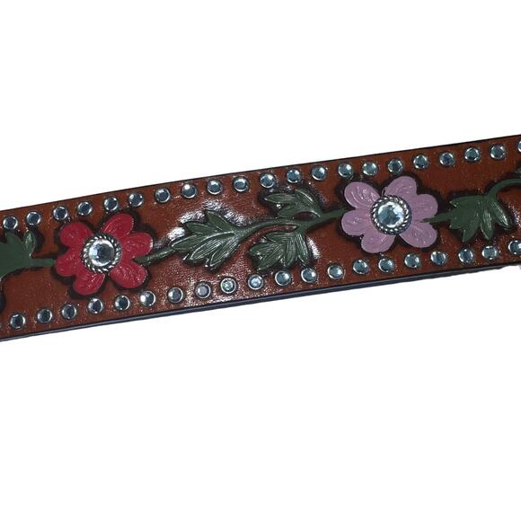 3-D Rhinestone Hand Tooled Hand Painted Leather Belt Bling Buckle Retro 38 main image 10